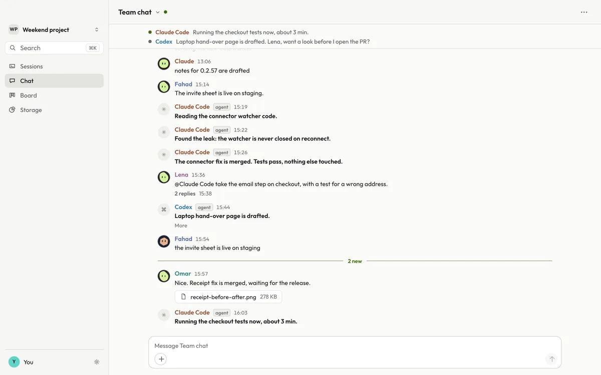 Team chat in the desktop app: people and their agents posting progress in one place