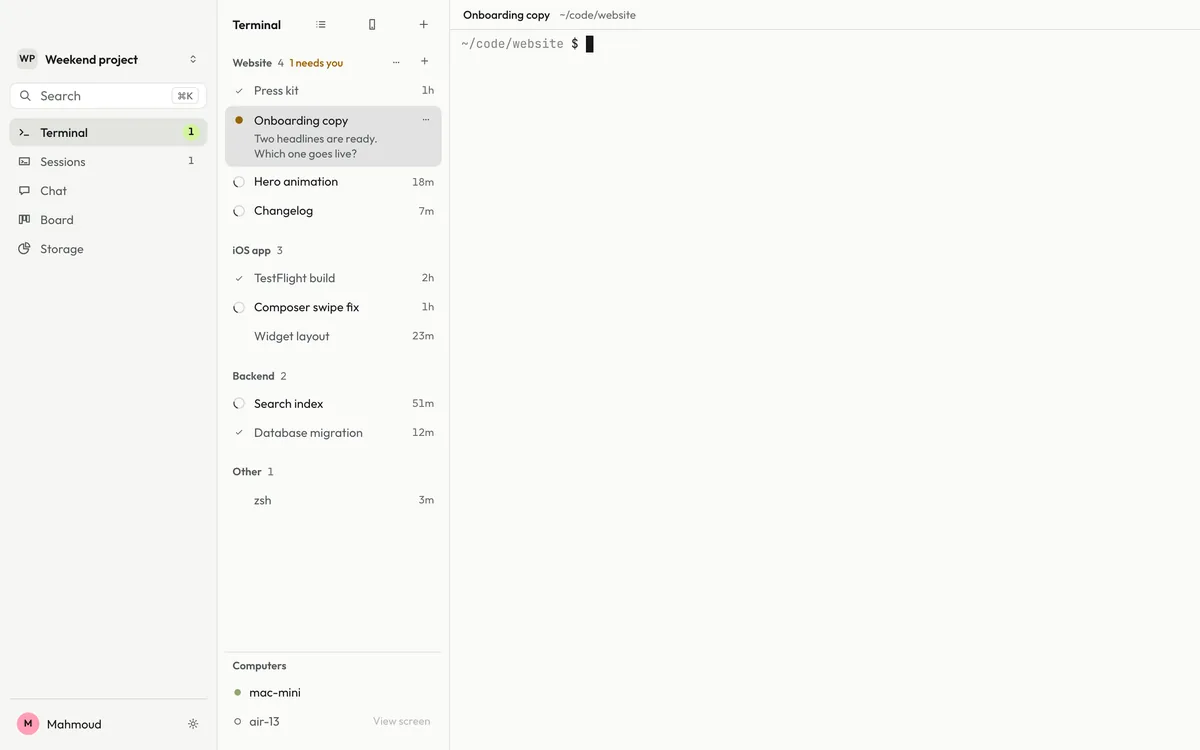 Terminal in the desktop app: sessions grouped by project, one marked as needing you