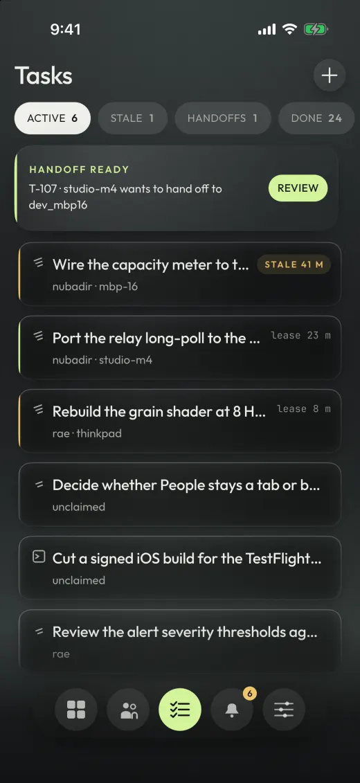 The Tasks screen of the Joxo iPhone app: tasks with their holders, a stale task, and a handoff waiting for review