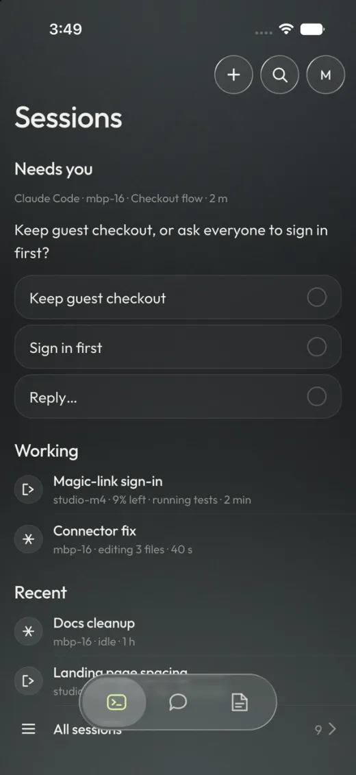 The Sessions screen of the Joxo iPhone app: a question from Claude Code waiting on the person, with two answers to tap